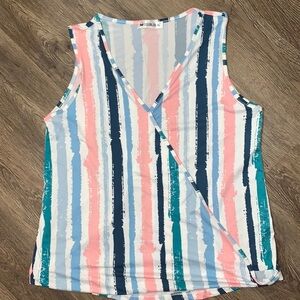 W DoublJu White Pink And Blue V Neck Tank Top